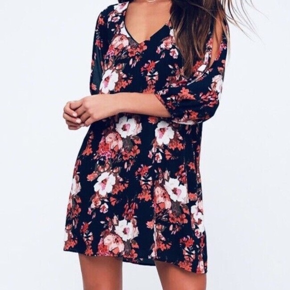 Lulus Shifting Dears Navy Floral Cold Shoulder Long Sleeve Dress Women Large NEW - Picture 9 of 10
